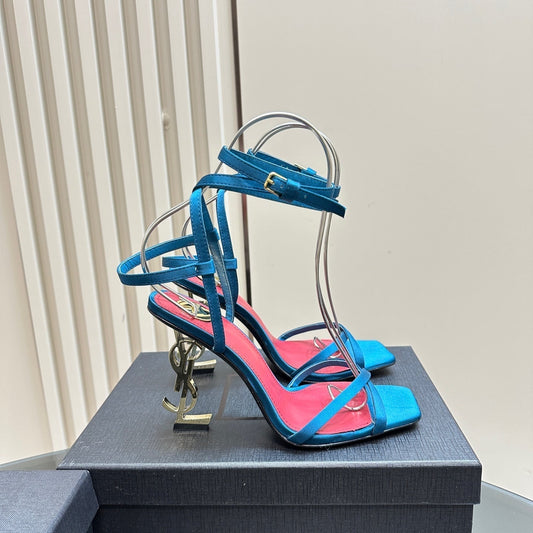 Luxury Saint Laurent OPYUM HIGH SANDALS IN DUCK BLUEE SILK
