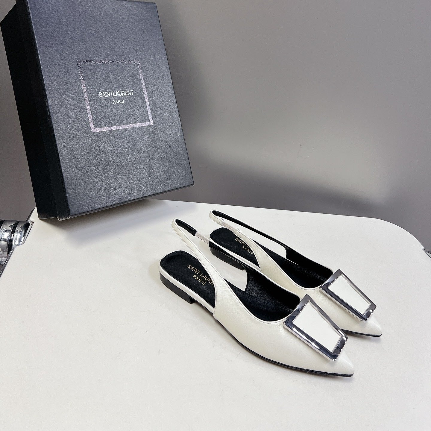 Luxury Saint Laurent SL SQUARE BUCKLE SLINGBACK WHITE CALFSKIN