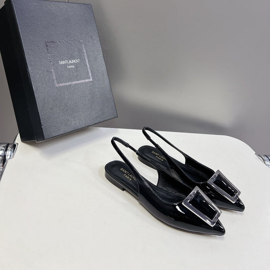 Luxury Saint Laurent SL SQUARE BUCKLE SLINGBACK BLACK POLISHED CALFSKIN