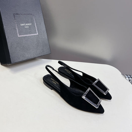 Luxury Saint Laurent SL SQUARE BUCKLE SLINGBACK BLACK SUEDE