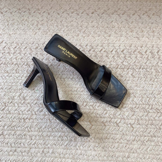 Luxury Saint Laurent HIGH MULES WITH SQUARE TOE IN BLACK SMOOTH CALFSKIN