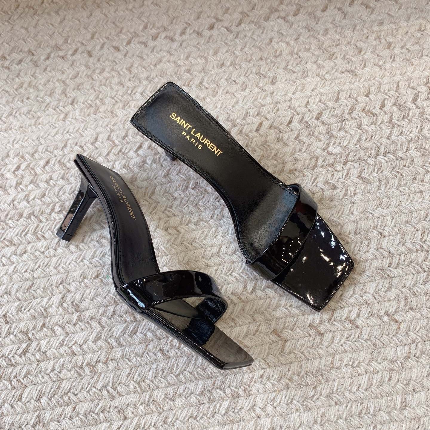 Luxury Saint Laurent HIGH MULES WITH SQUARE TOE IN BLACK GLOSSY CALFSKIN