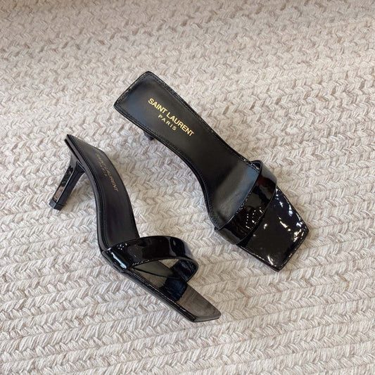Luxury Saint Laurent HIGH MULES WITH SQUARE TOE IN BLACK GLOSSY CALFSKIN