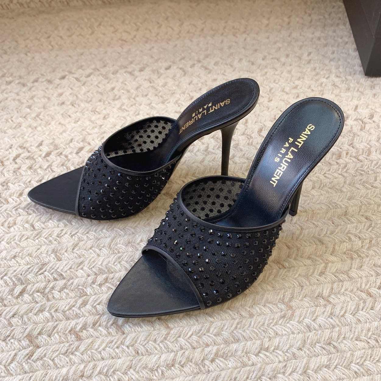 Luxury Saint Laurent LA 16 HEELED MULES ATTACHED RHINESTONES IN BLACK MESH