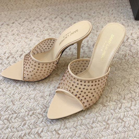 Luxury Saint Laurent LA 16 HEELED MULES ATTACHED RHINESTONES IN CREAM MESH