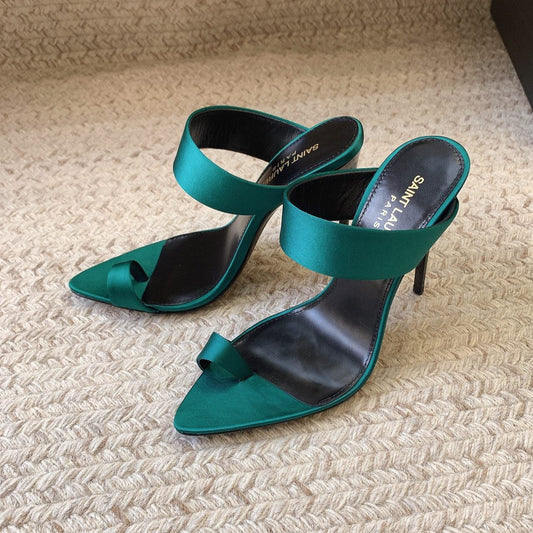 Luxury Saint Laurent MARTHA POINTED OPEN-TOE HIGH MULES IN TEAL GREEN SILK