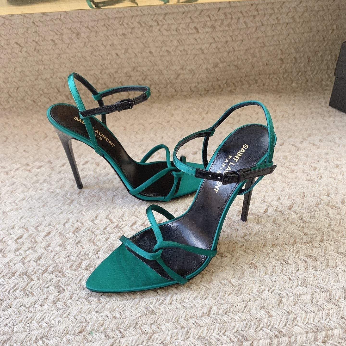 Luxury Saint Laurent STRAPPY HIGH HEEL SANDALS IN TEAL GREEN SILK