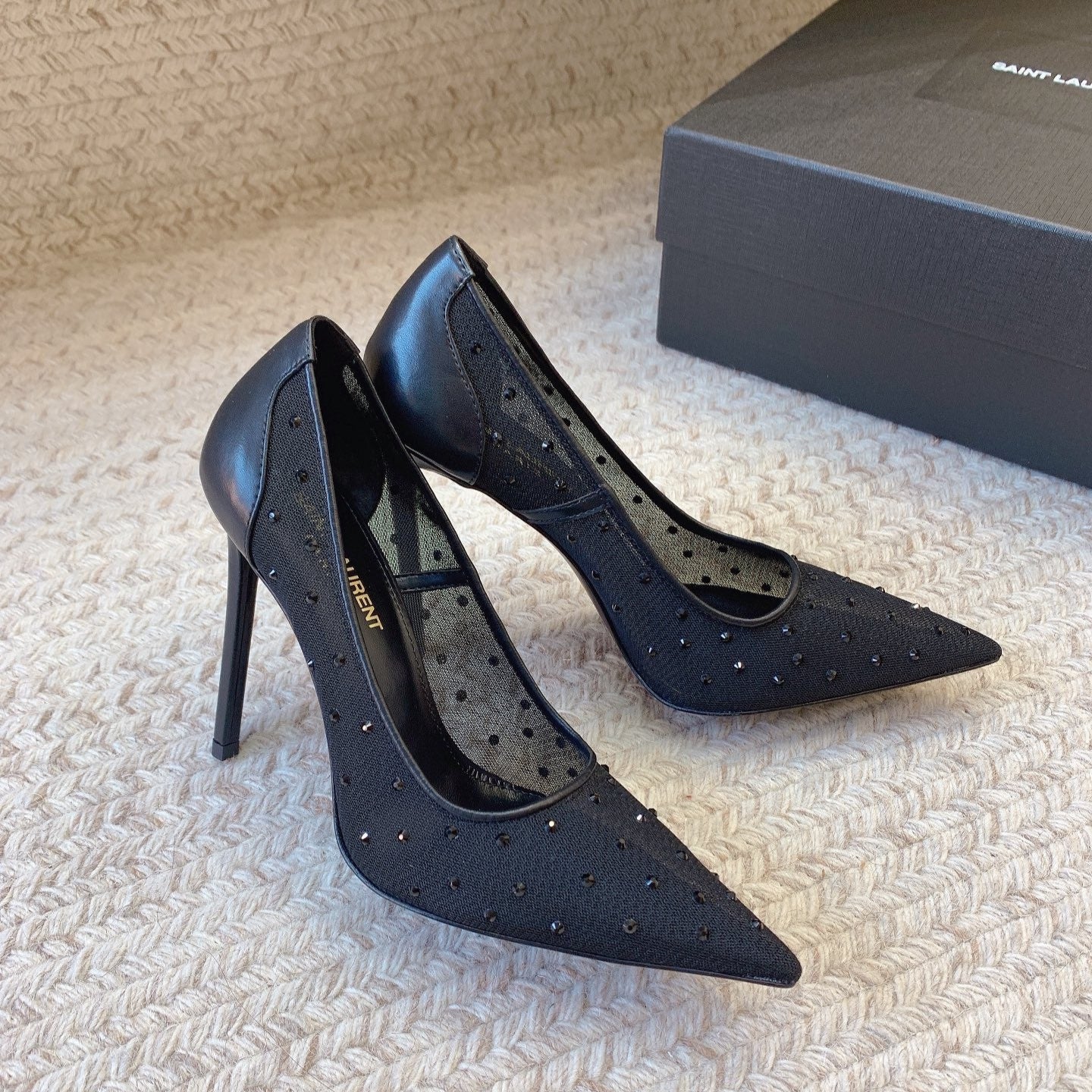 Luxury Saint Laurent NORMA PUMPS IN BLACK MESH ATTACHED CRYSTALS