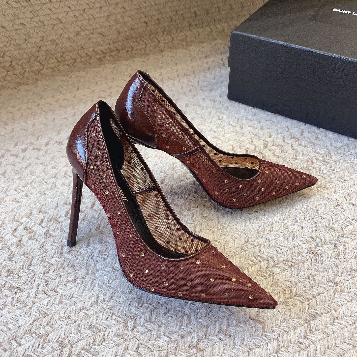 Luxury Saint Laurent NORMA PUMPS IN CHESTNUT MESH ATTACHED CRYSTALS