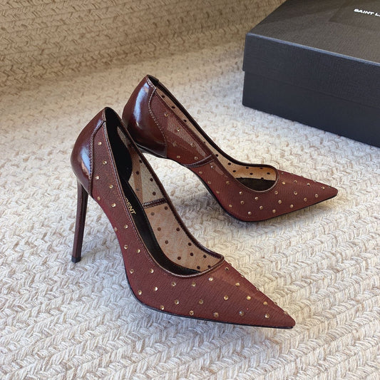 Luxury Saint Laurent NORMA PUMPS IN CHESTNUT MESH ATTACHED CRYSTALS