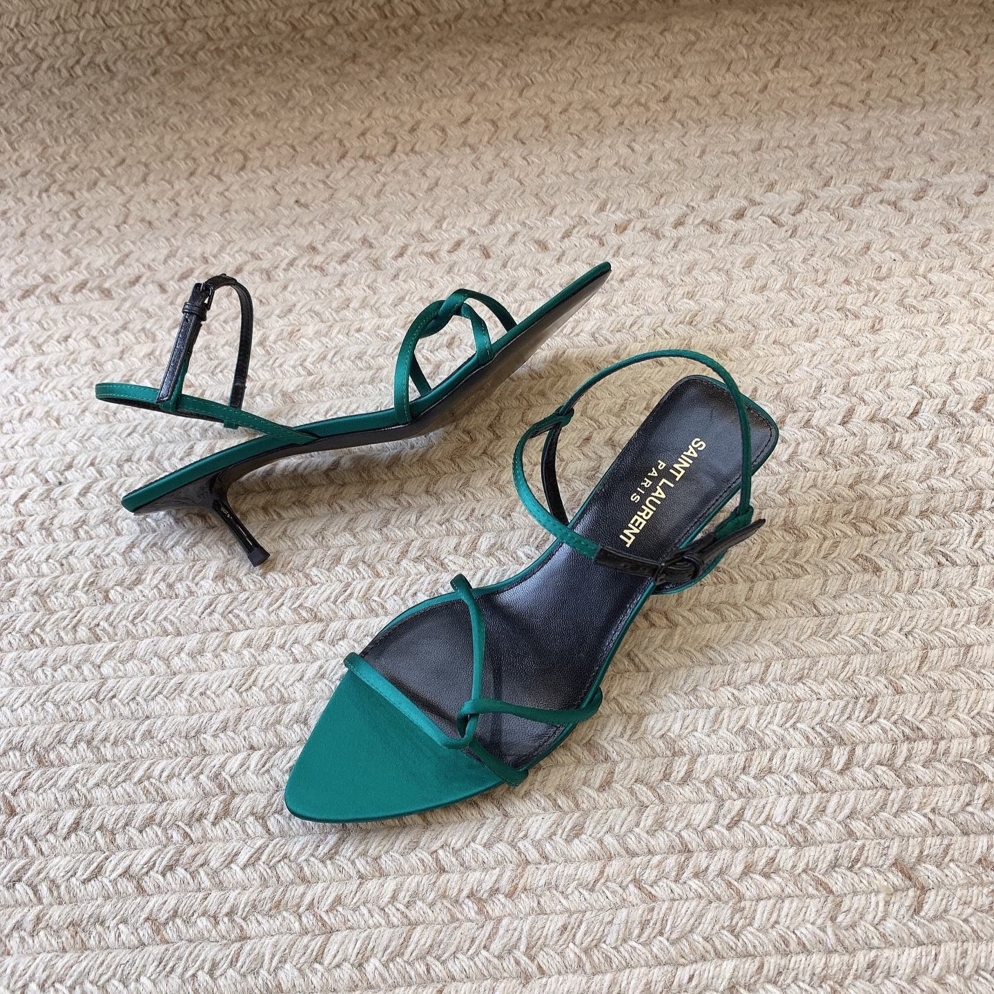 Luxury Saint Laurent STRAPPY MID HEEL SANDALS IN TEAL GREEN SILK