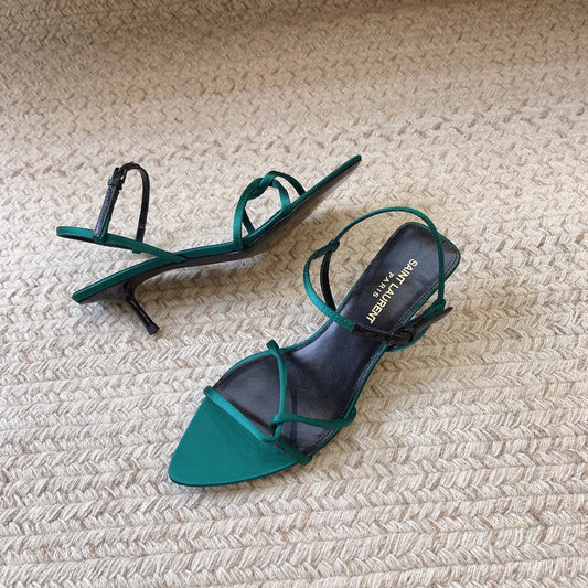 Luxury Saint Laurent STRAPPY MID HEEL SANDALS IN TEAL GREEN SILK