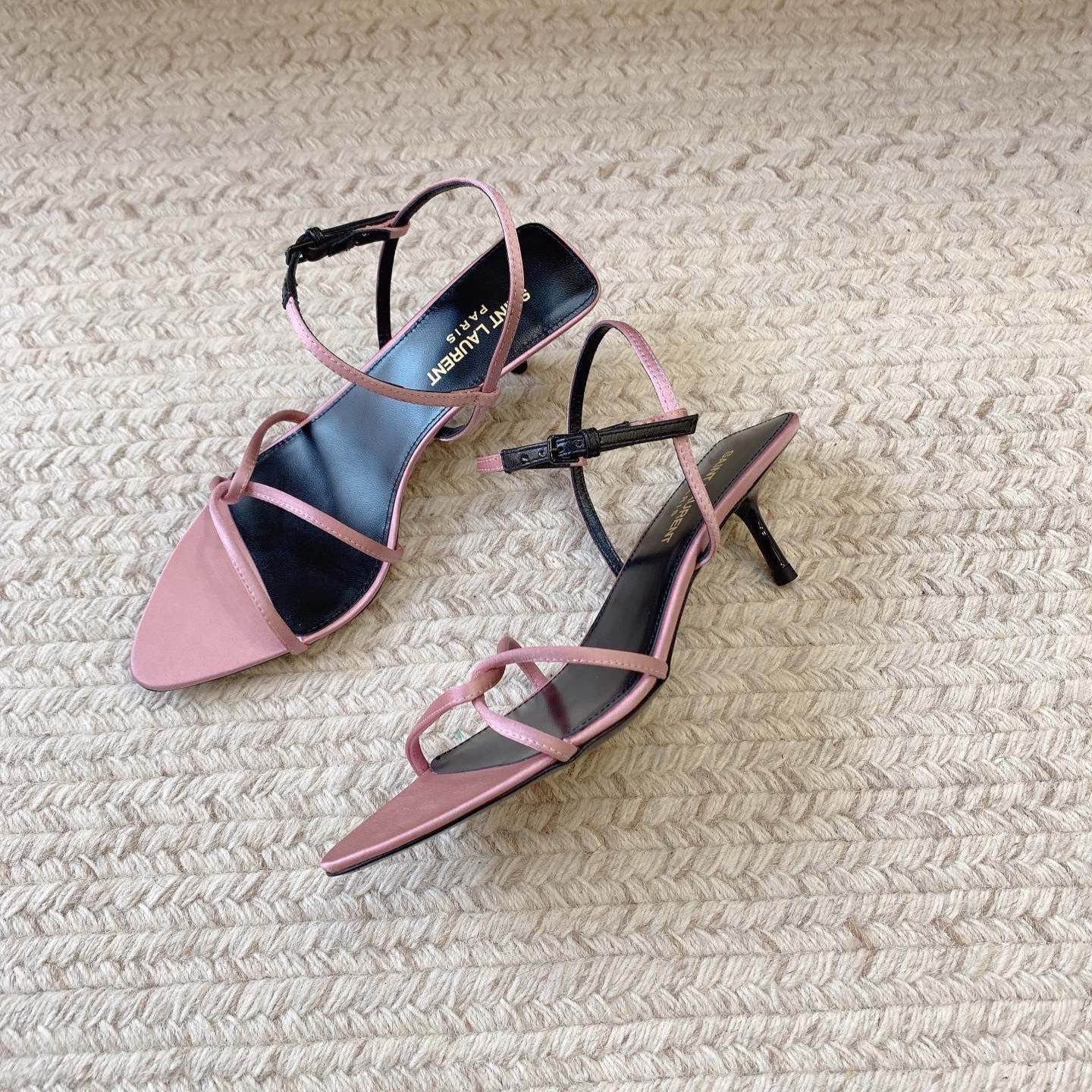 Luxury Saint Laurent STRAPPY MID HEEL SANDALS IN PINK SILK