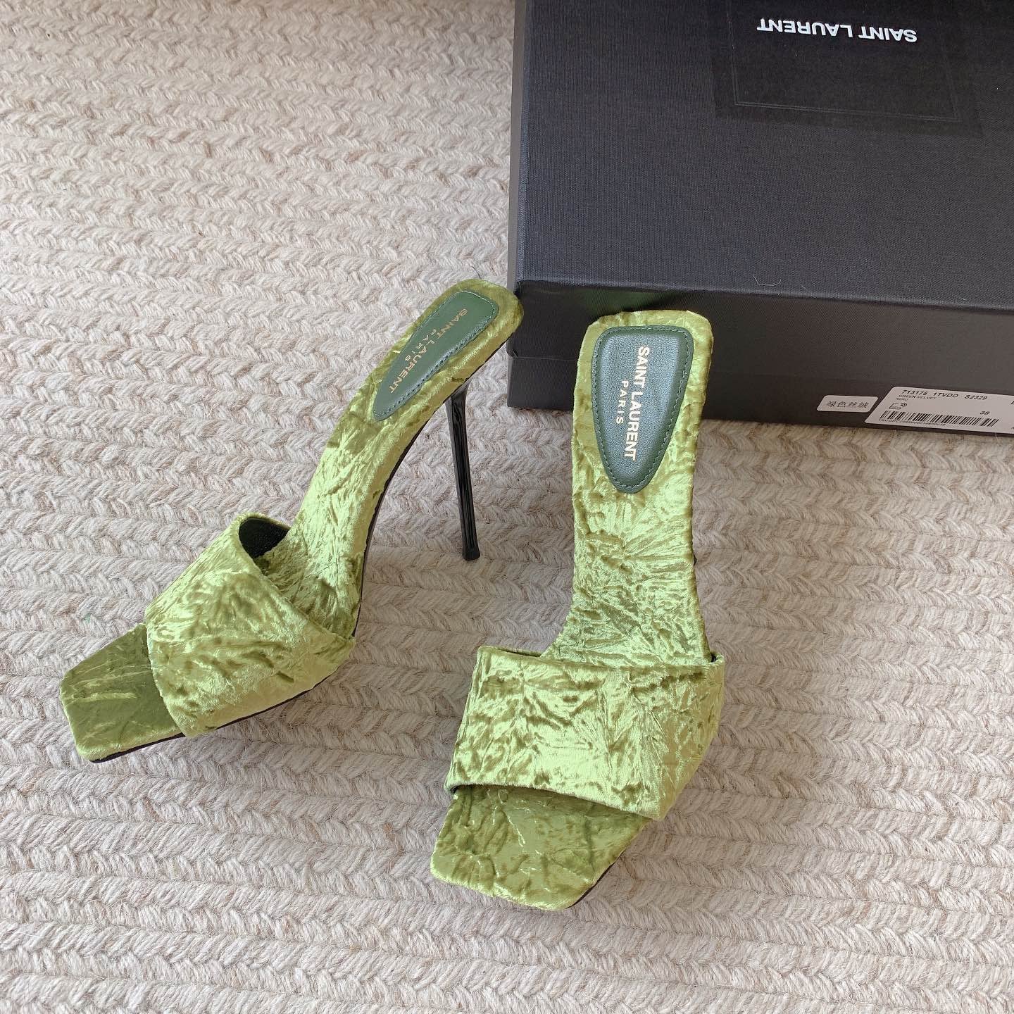 Luxury Saint Laurent HIGH HEEL SLIDES IN TEA GREEN VELVET