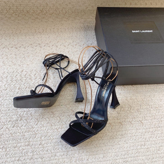 Luxury Saint Laurent LIZA SANDALS IN BLACK SILK WITH CRYSTALS