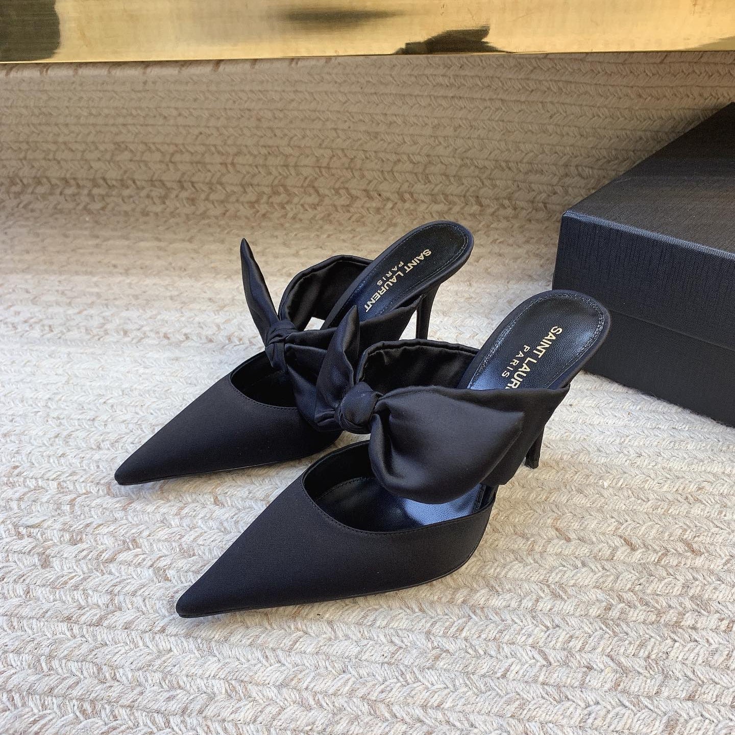 Luxury Saint Laurent BARBARA BIG BOW MULES IN BLACK SILK