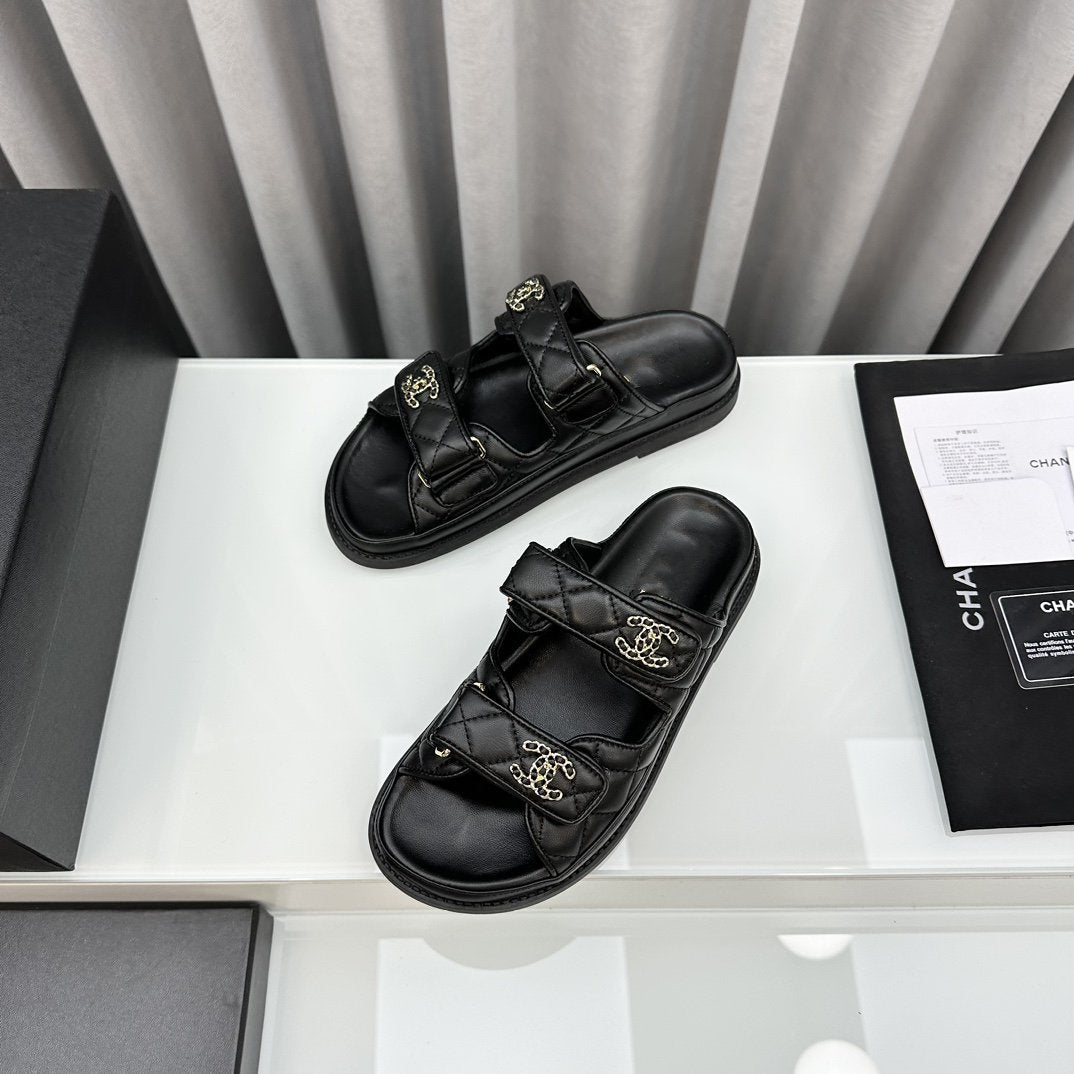 Luxury Chanel dad sandals black lambskin mules