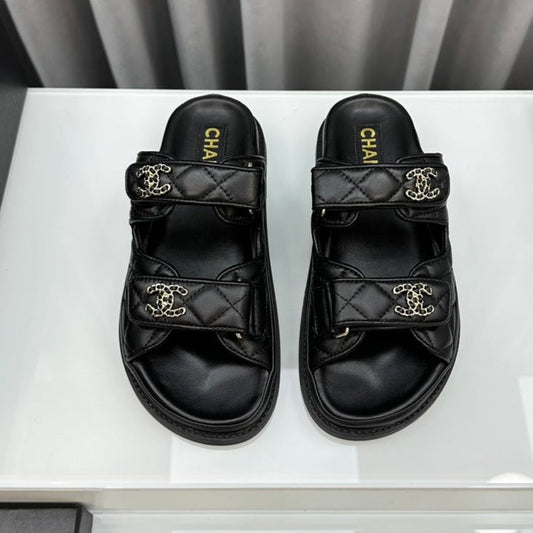 Luxury Chanel dad sandals black lambskin mules