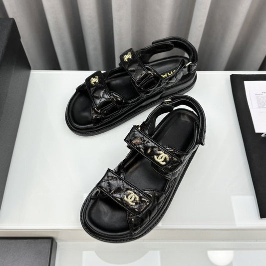 Luxury Chanel dad sandals black patent lambskin