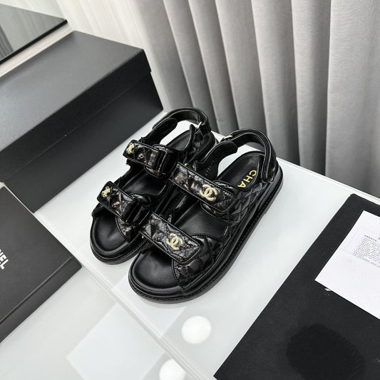 Luxury Chanel dad sandals black patent lambskin