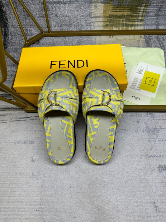 Luxury FendiFF Feel 10 Yellow Grey FF jacquard Slide