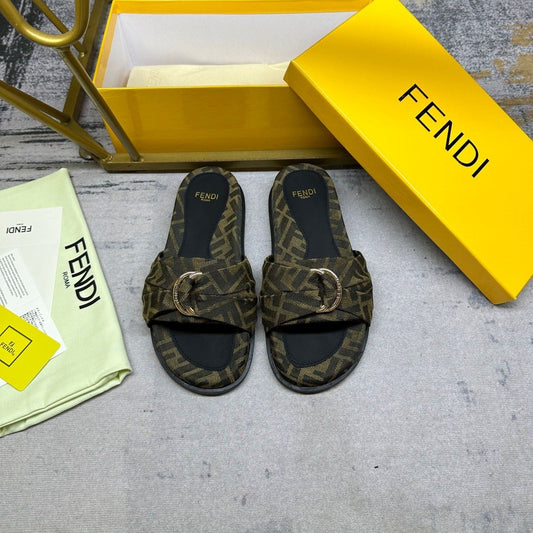 Luxury FendiFF Feel 10 Olive Black FF jacquard Slide