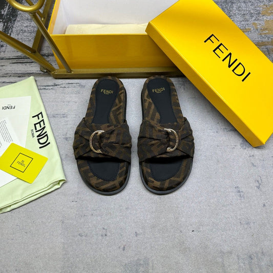 Luxury FendiFF Feel 10 Brown Black FF jacquard Slide