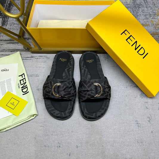 Luxury FendiFF Feel 10 Black FF jacquard Slide