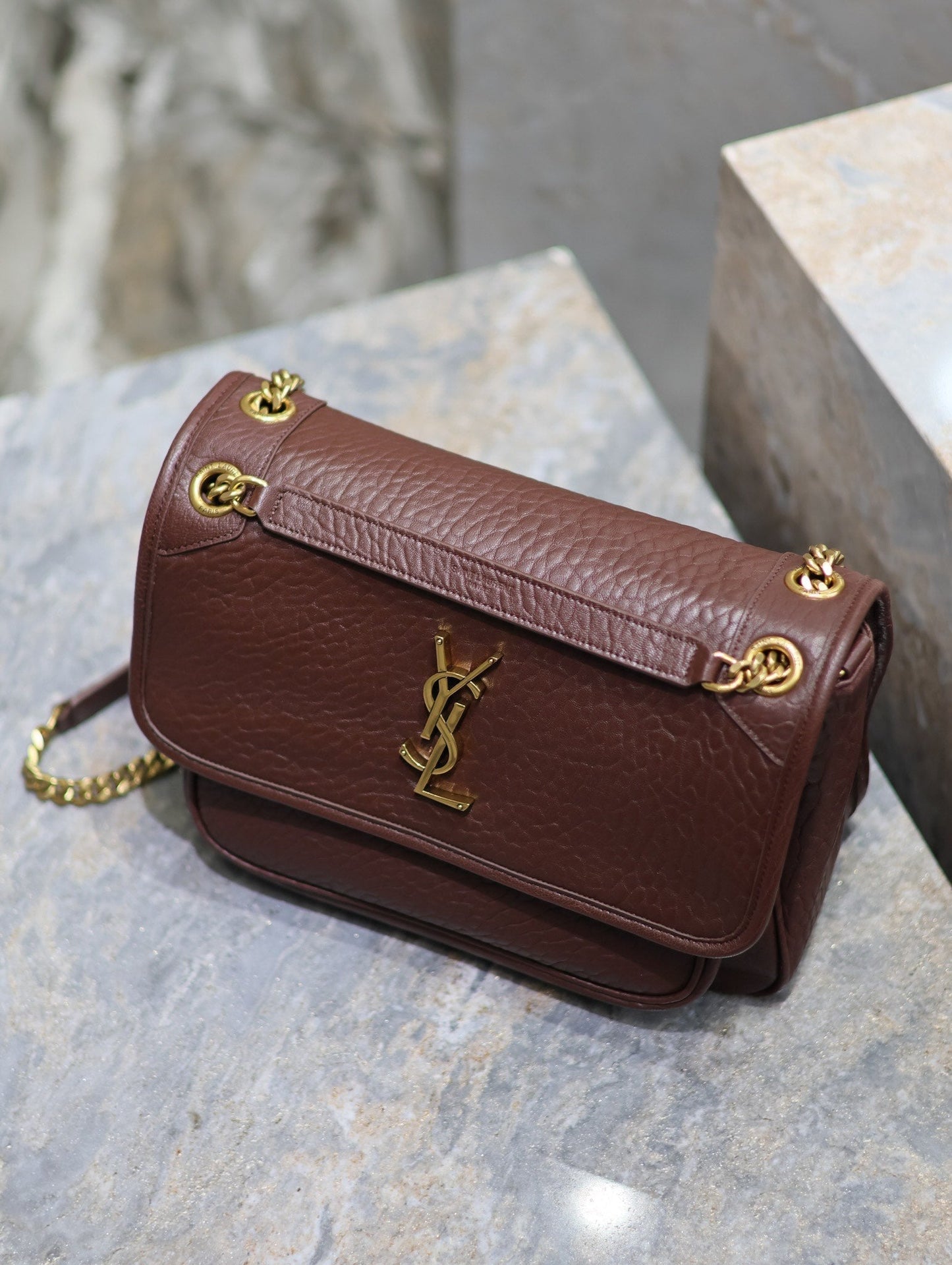 Luxury Saint Laurent NIKI MEDIUM 28 IN CHESTNUT BROWN ELEPHANT PATTERN LAMBSKIN GOLD HARDWARE