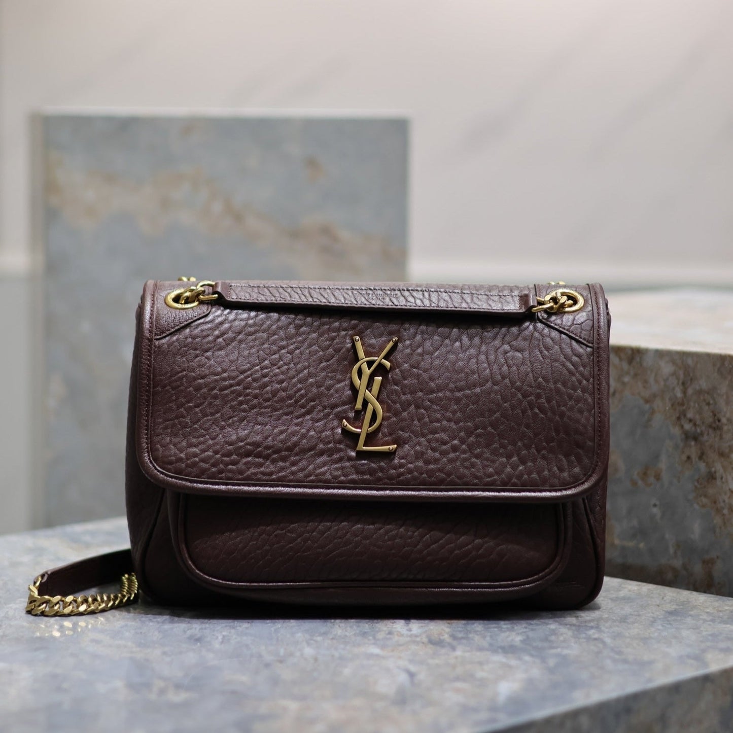 Luxury Saint Laurent NIKI MEDIUM 28 IN CHESTNUT BROWN ELEPHANT PATTERN LAMBSKIN GOLD HARDWARE