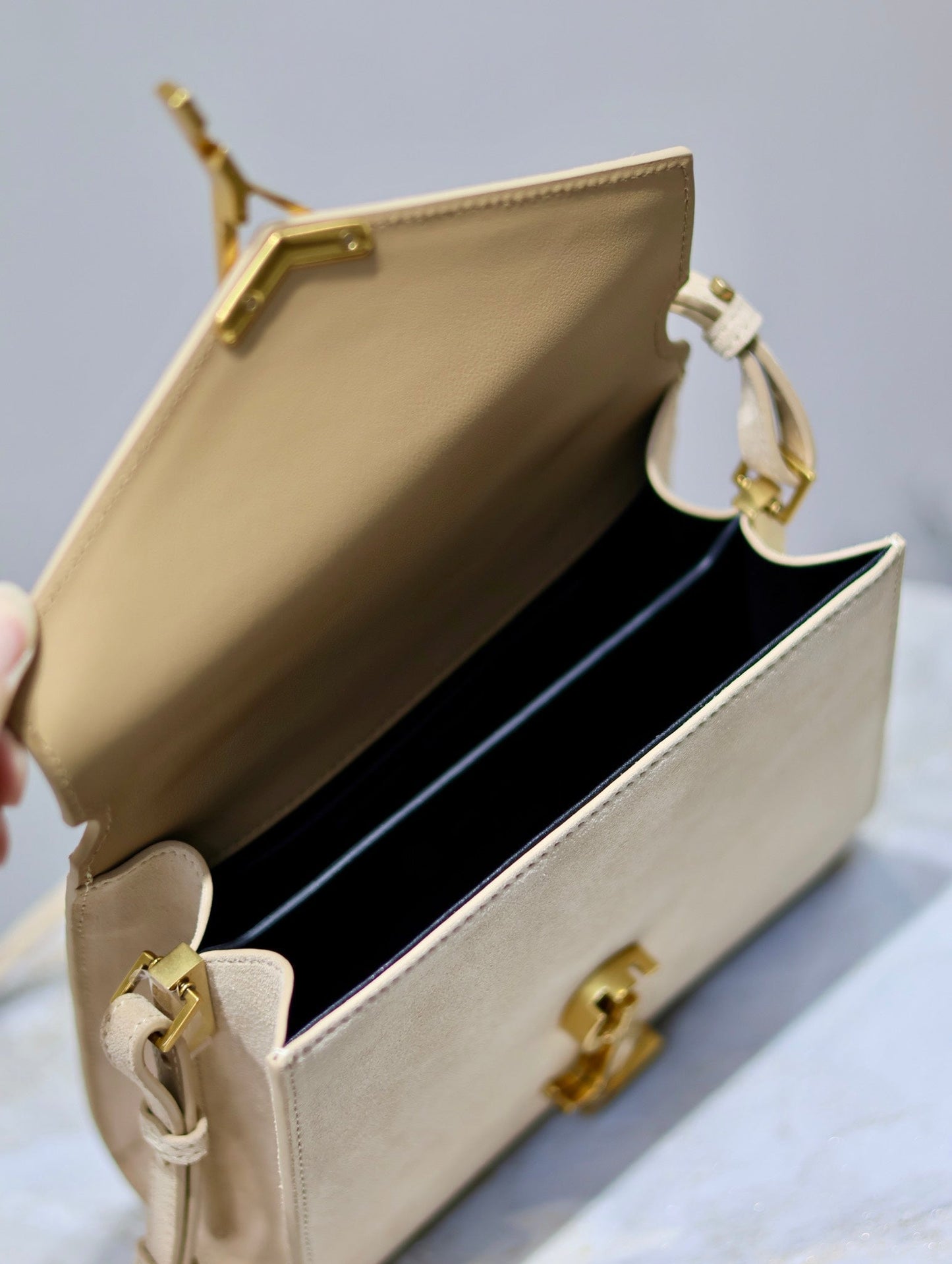 Luxury Saint Laurent CASSANDRA MINI TOP HANDLE BAG 20 IN BEIGE SUEDE GOLD HARDWARE