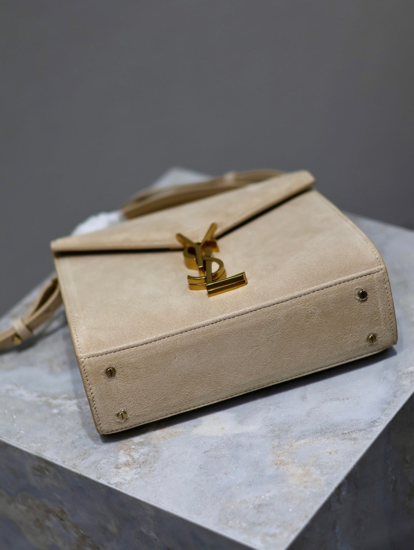 Luxury Saint Laurent CASSANDRA MINI TOP HANDLE BAG 20 IN BEIGE SUEDE GOLD HARDWARE