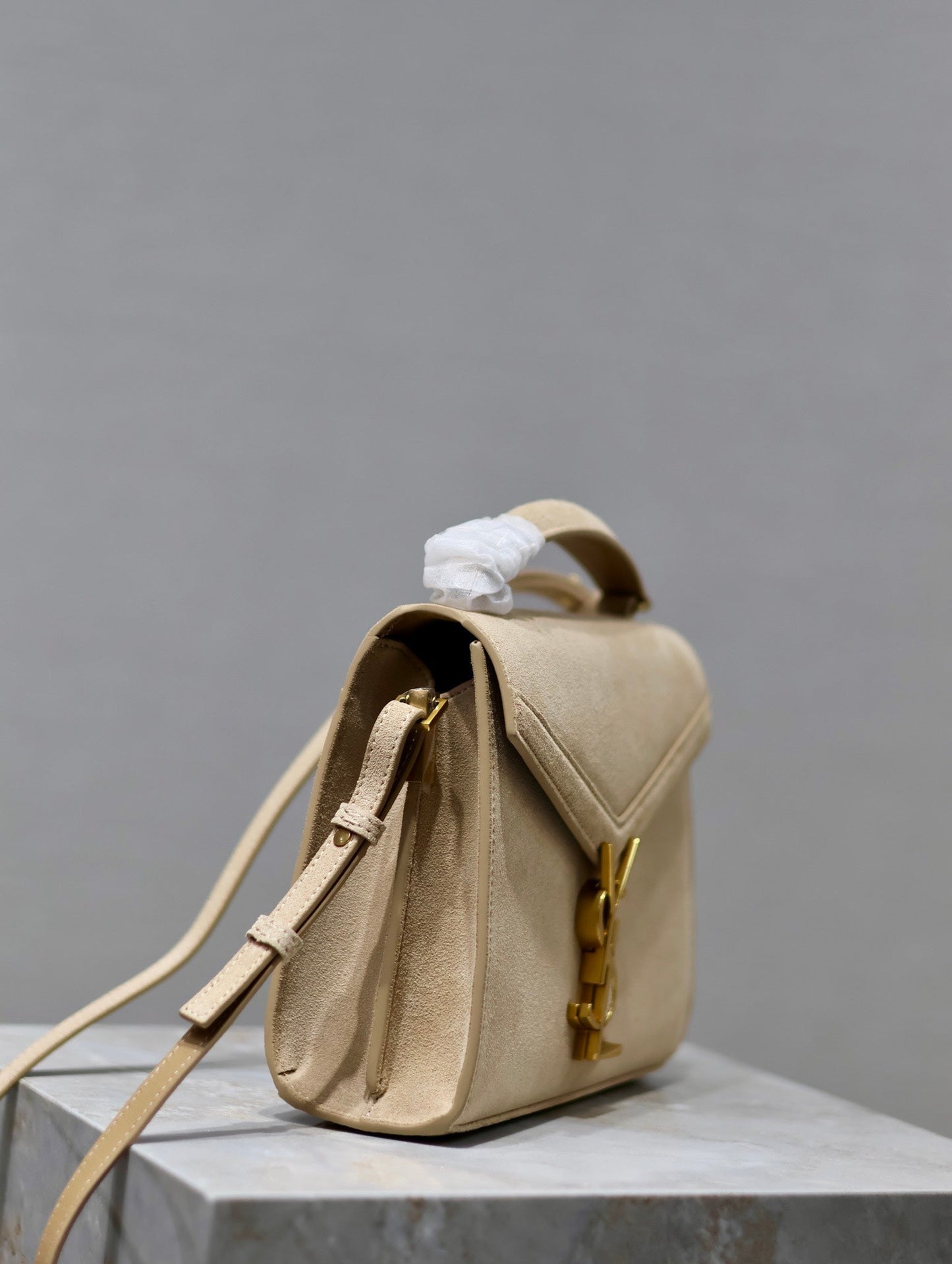 Luxury Saint Laurent CASSANDRA MINI TOP HANDLE BAG 20 IN BEIGE SUEDE GOLD HARDWARE