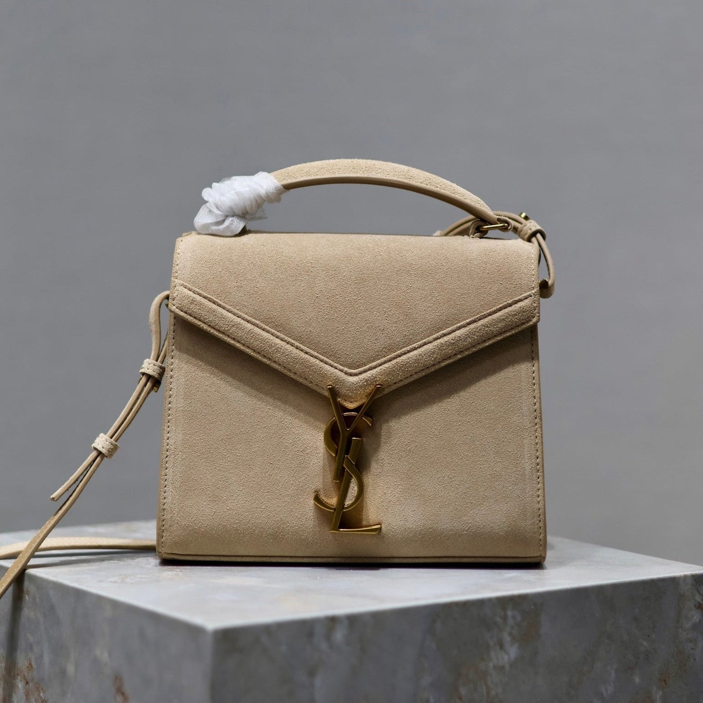 Luxury Saint Laurent CASSANDRA MINI TOP HANDLE BAG 20 IN BEIGE SUEDE GOLD HARDWARE