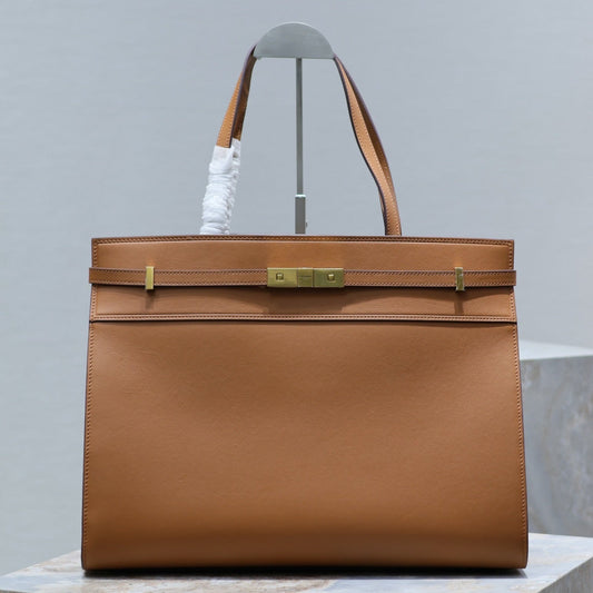 Luxury Saint Laurent MANHATTAN SHOPPING BAG 40 IN TAWNY BROWN SMOOTH LAMBSKIN GOLD BUCKLE