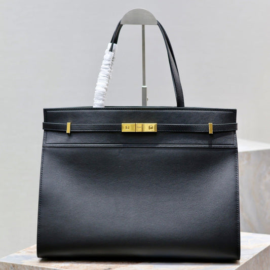 Luxury Saint Laurent MANHATTAN SHOPPING BAG 40 IN BLACK SMOOTH LAMBSKIN GOLD BUCKLE