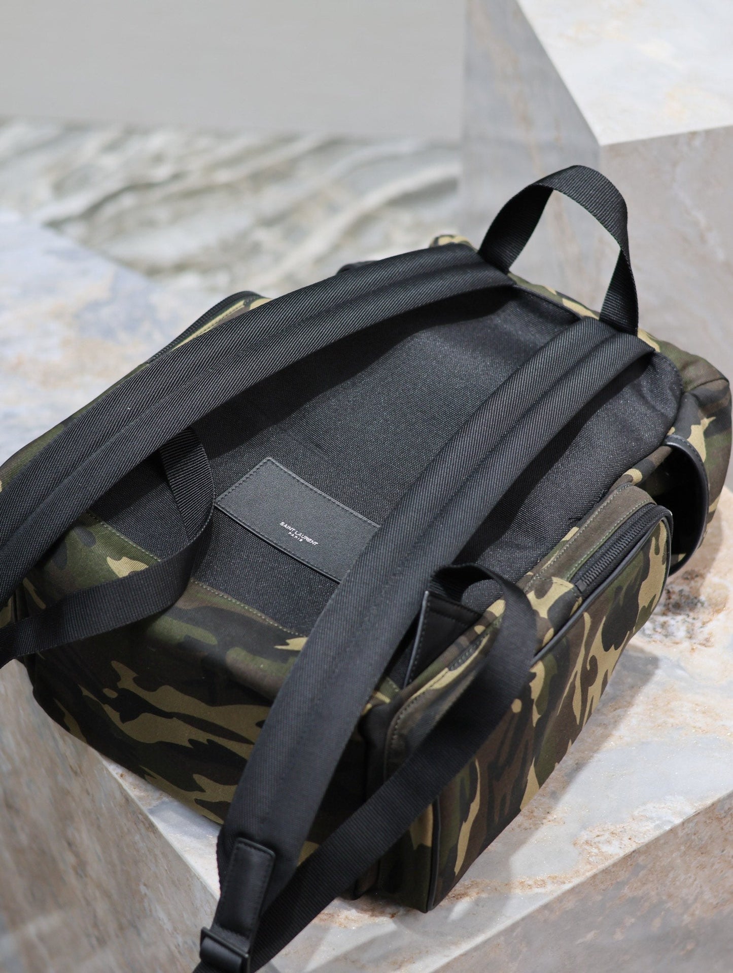 Luxury Saint Laurent CITY MULTI-POCKET BACKPACK 42 IN CAMOUFLAGE PATTERN NYLON AND BLACK CALFSKIN