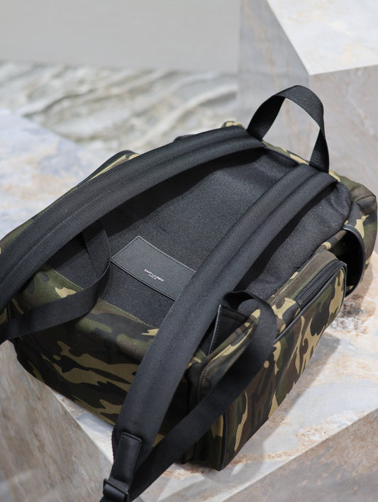 Luxury Saint Laurent CITY MULTI-POCKET BACKPACK 42 IN CAMOUFLAGE PATTERN NYLON AND BLACK CALFSKIN