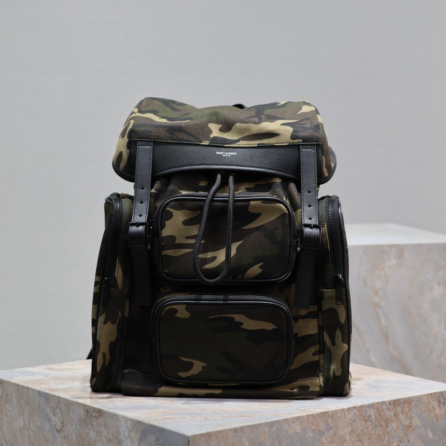Luxury Saint Laurent CITY MULTI-POCKET BACKPACK 42 IN CAMOUFLAGE PATTERN NYLON AND BLACK CALFSKIN