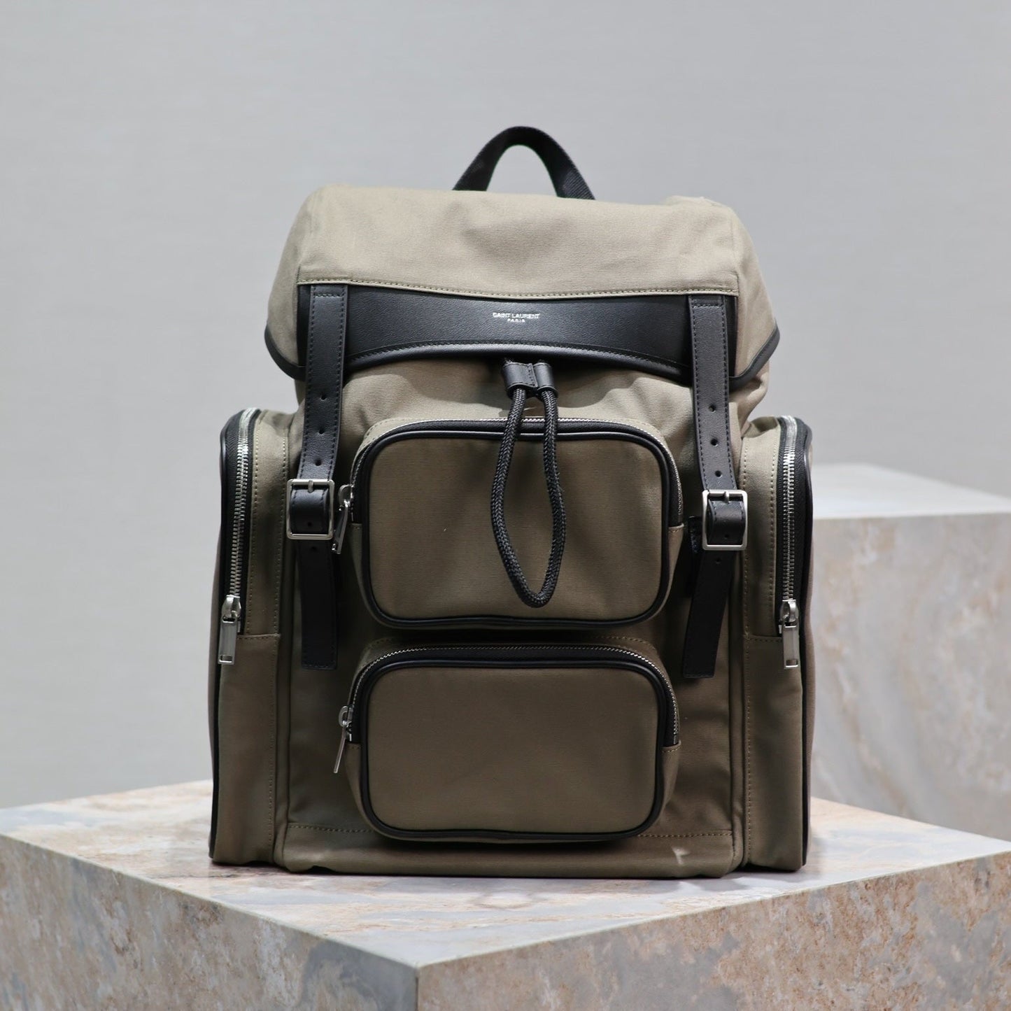 Luxury Saint Laurent CITY MULTI-POCKET BACKPACK 42 IN KHAKI GREEN NYLON AND BLACK SMOOTH CALFSKIN
