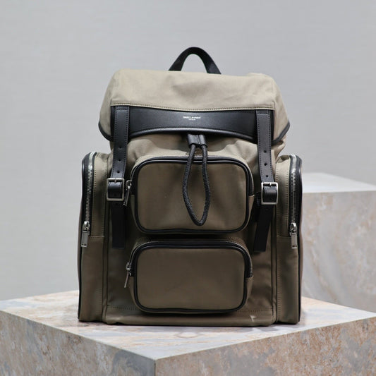 Luxury Saint Laurent CITY MULTI-POCKET BACKPACK 42 IN KHAKI GREEN NYLON AND BLACK SMOOTH CALFSKIN