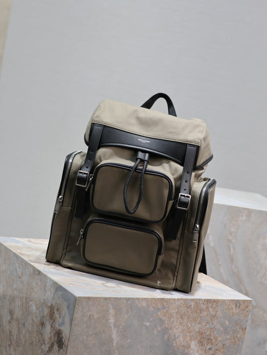 Luxury Saint Laurent CITY MULTI-POCKET BACKPACK 42 IN KHAKI GREEN NYLON AND BLACK SMOOTH CALFSKIN