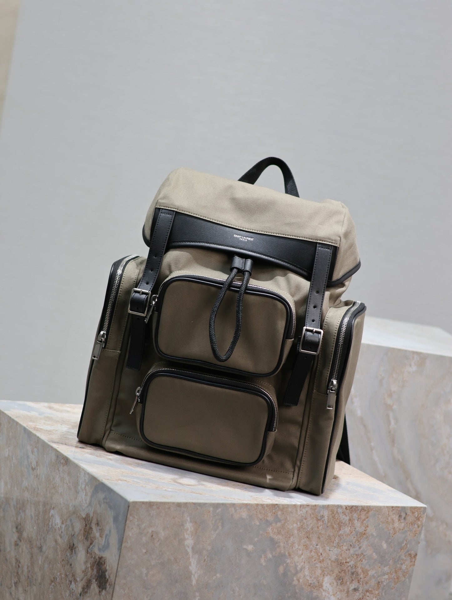Luxury Saint Laurent CITY MULTI-POCKET BACKPACK 42 IN KHAKI GREEN NYLON AND BLACK SMOOTH CALFSKIN