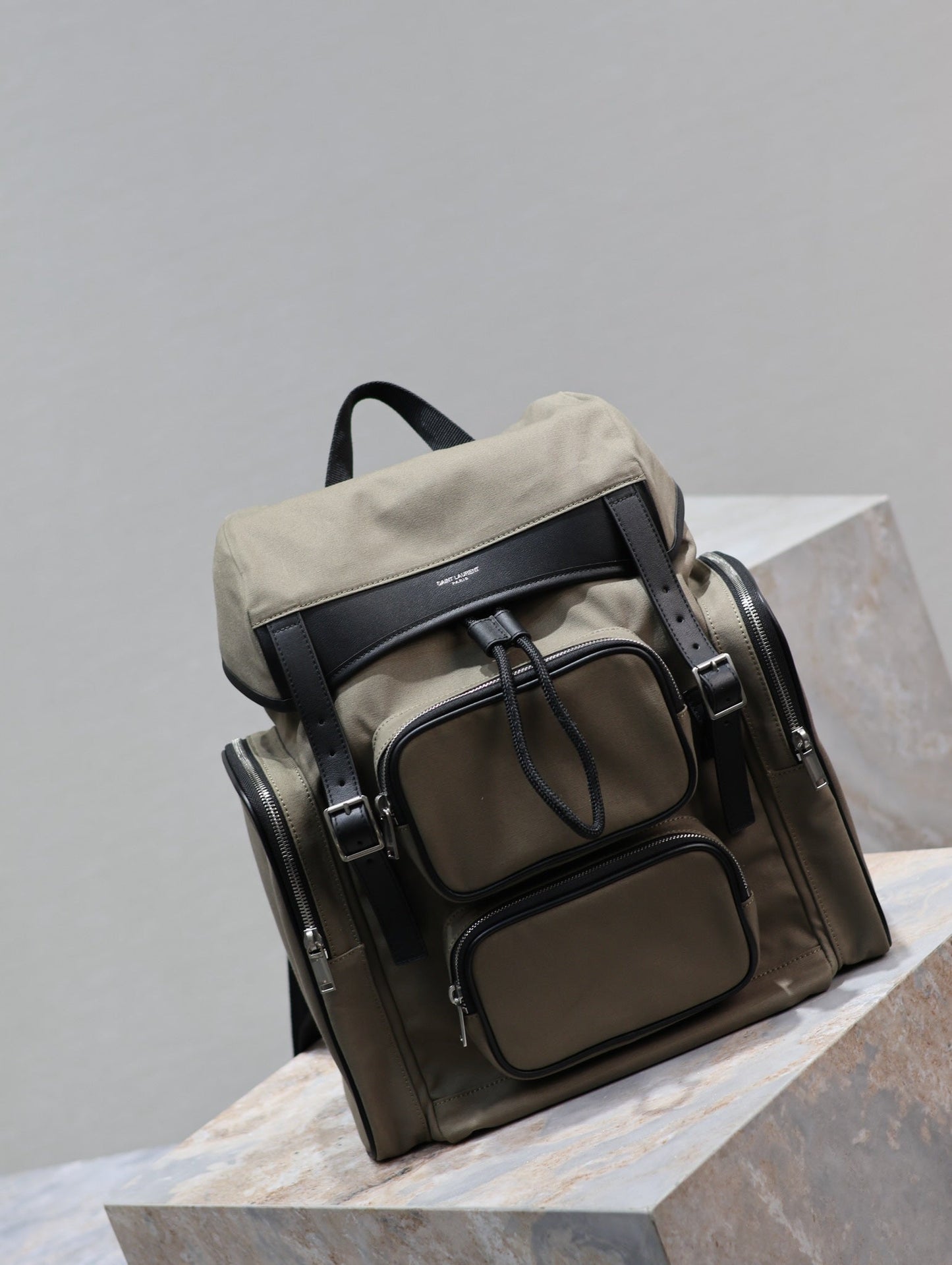 Luxury Saint Laurent CITY MULTI-POCKET BACKPACK 42 IN KHAKI GREEN NYLON AND BLACK SMOOTH CALFSKIN