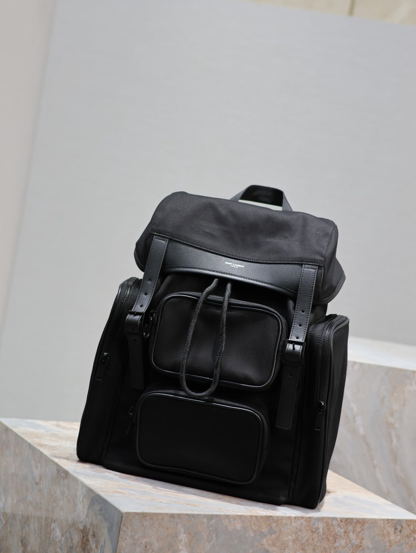 Luxury Saint Laurent CITY MULTI-POCKET BACKPACK 42 IN BLACK NYLON AND SMOOTH CALFSKIN