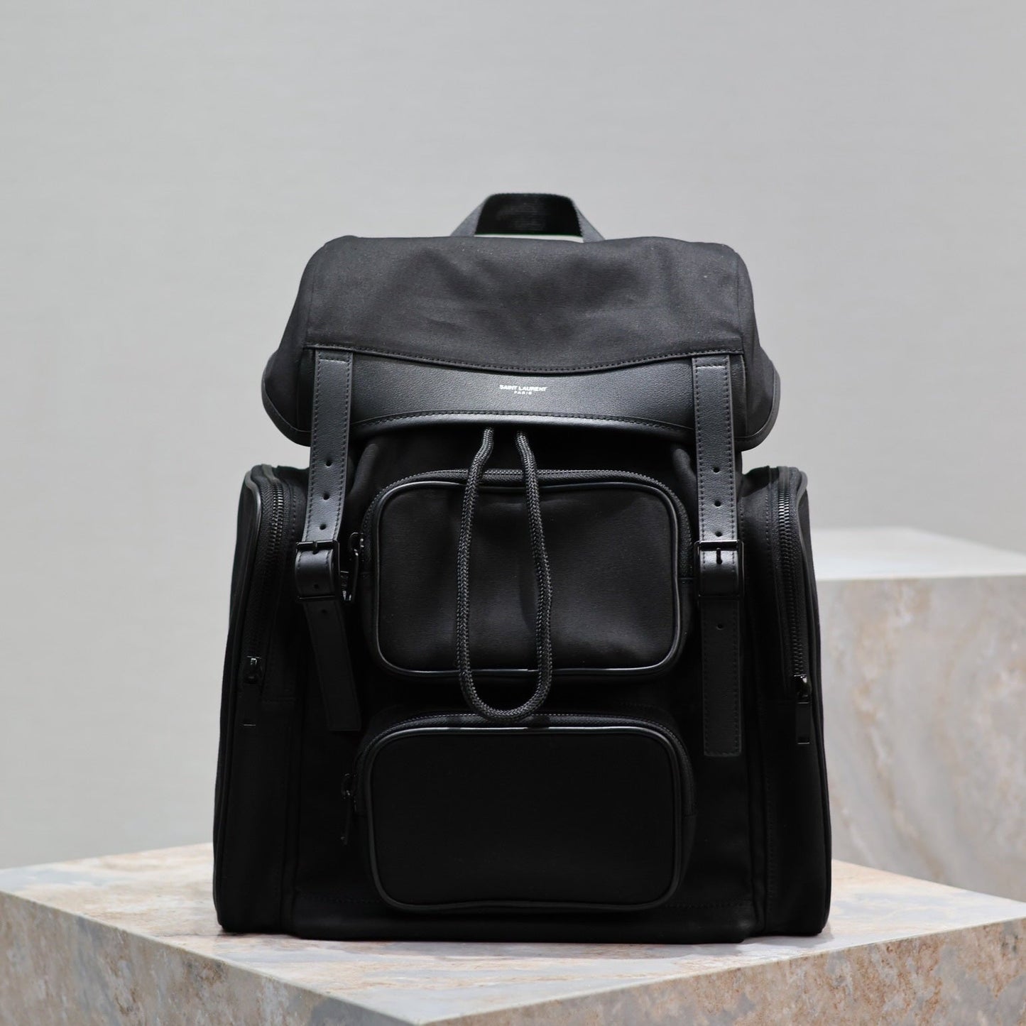 Luxury Saint Laurent CITY MULTI-POCKET BACKPACK 42 IN BLACK NYLON AND SMOOTH CALFSKIN