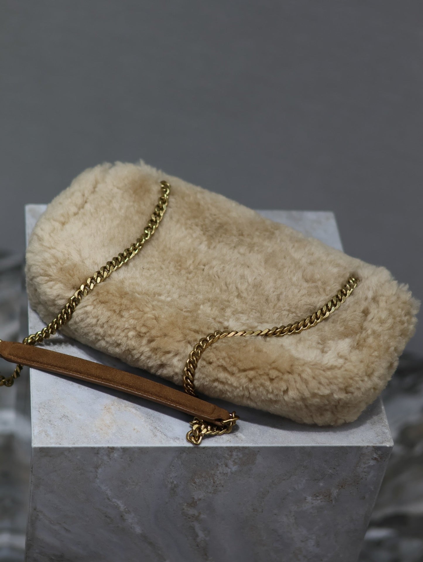 Luxury Saint Laurent CALYPSO BAG 26 IN BEIGE SHEARLING WITH BROWN SUEDE HANDLE