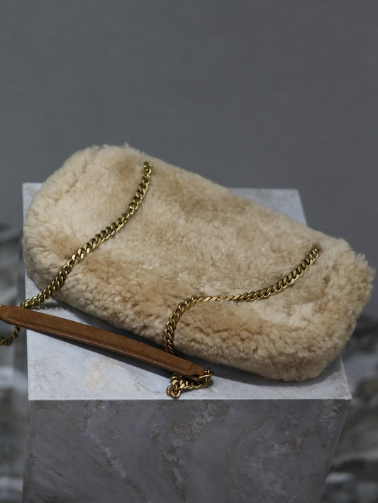 Luxury Saint Laurent CALYPSO BAG 26 IN BEIGE SHEARLING WITH BROWN SUEDE HANDLE