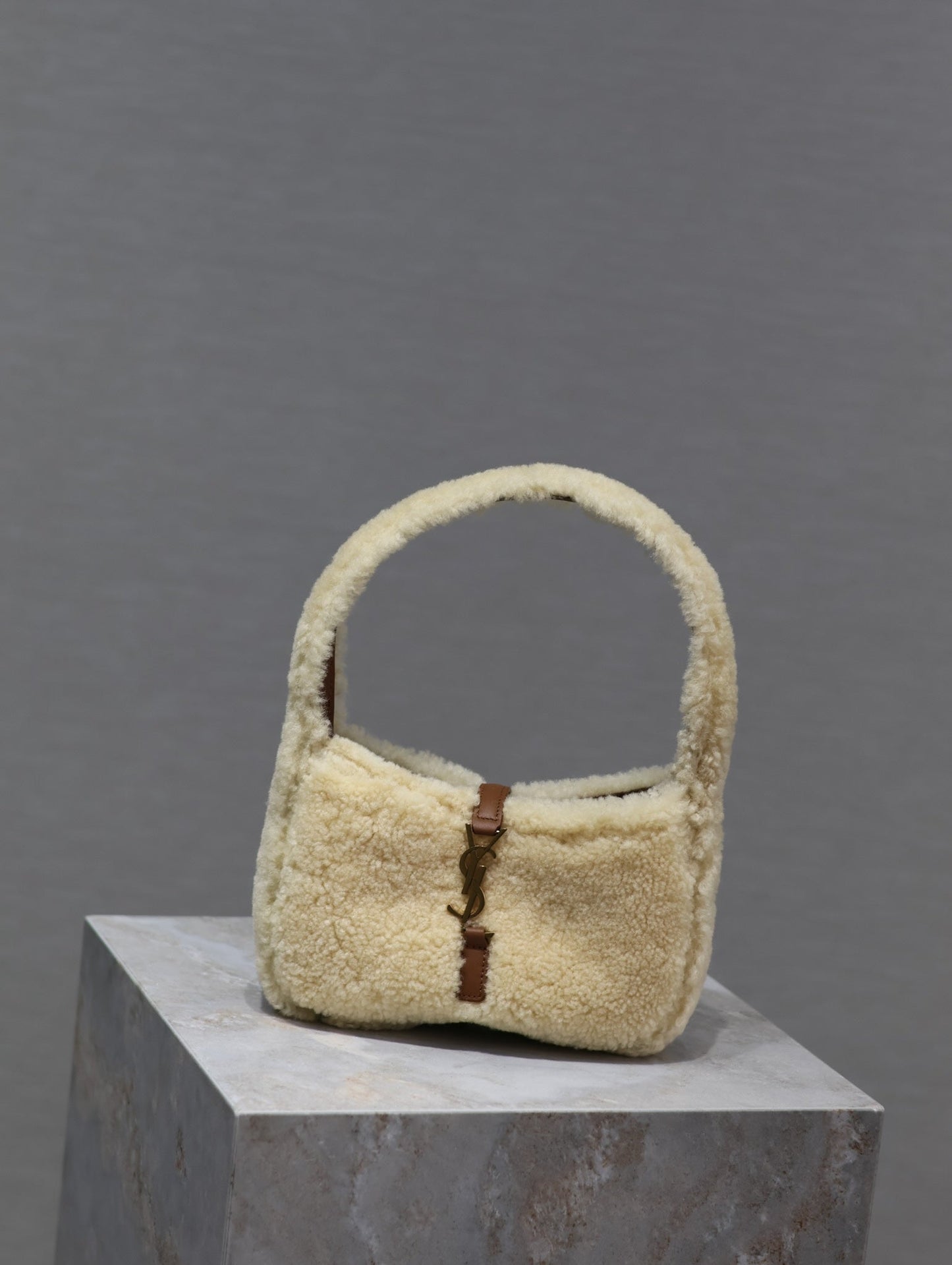 Luxury Saint Laurent LE 5 À 7 MINI BAG 19 IN CREAM SHEARLING AND BROWN CALFSKIN TRIM