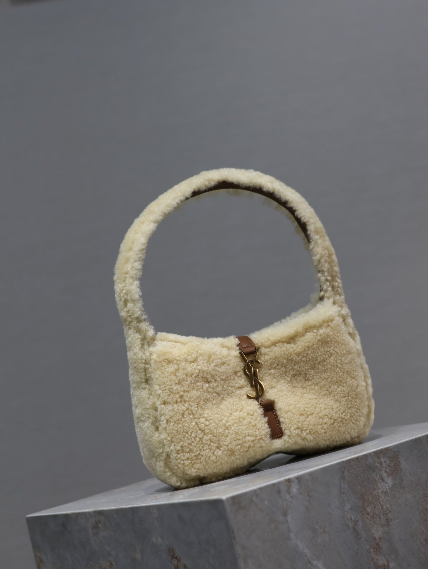 Luxury Saint Laurent LE 5 À 7 MINI BAG 19 IN CREAM SHEARLING AND BROWN CALFSKIN TRIM